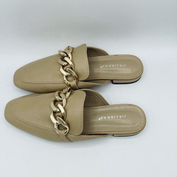 JiaLianNa Shoes Womens Size 7.5 Beige Brown Comfort Mules Heels Gold Chain Slip - Picture 6 of 10